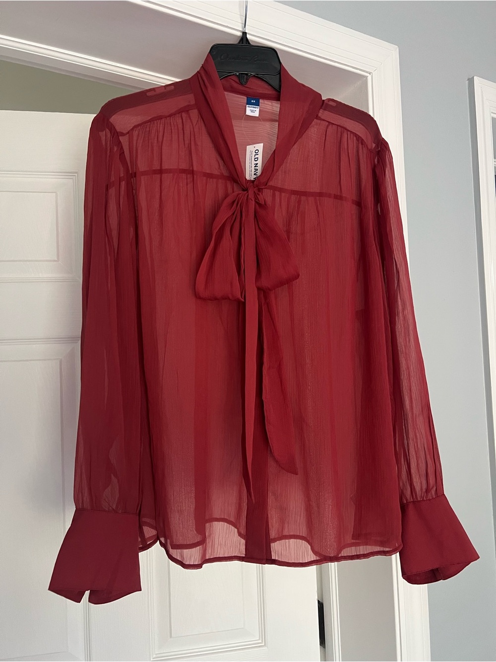 Old Navy Women's Pink Red Tie-Neck Sheer Blouse